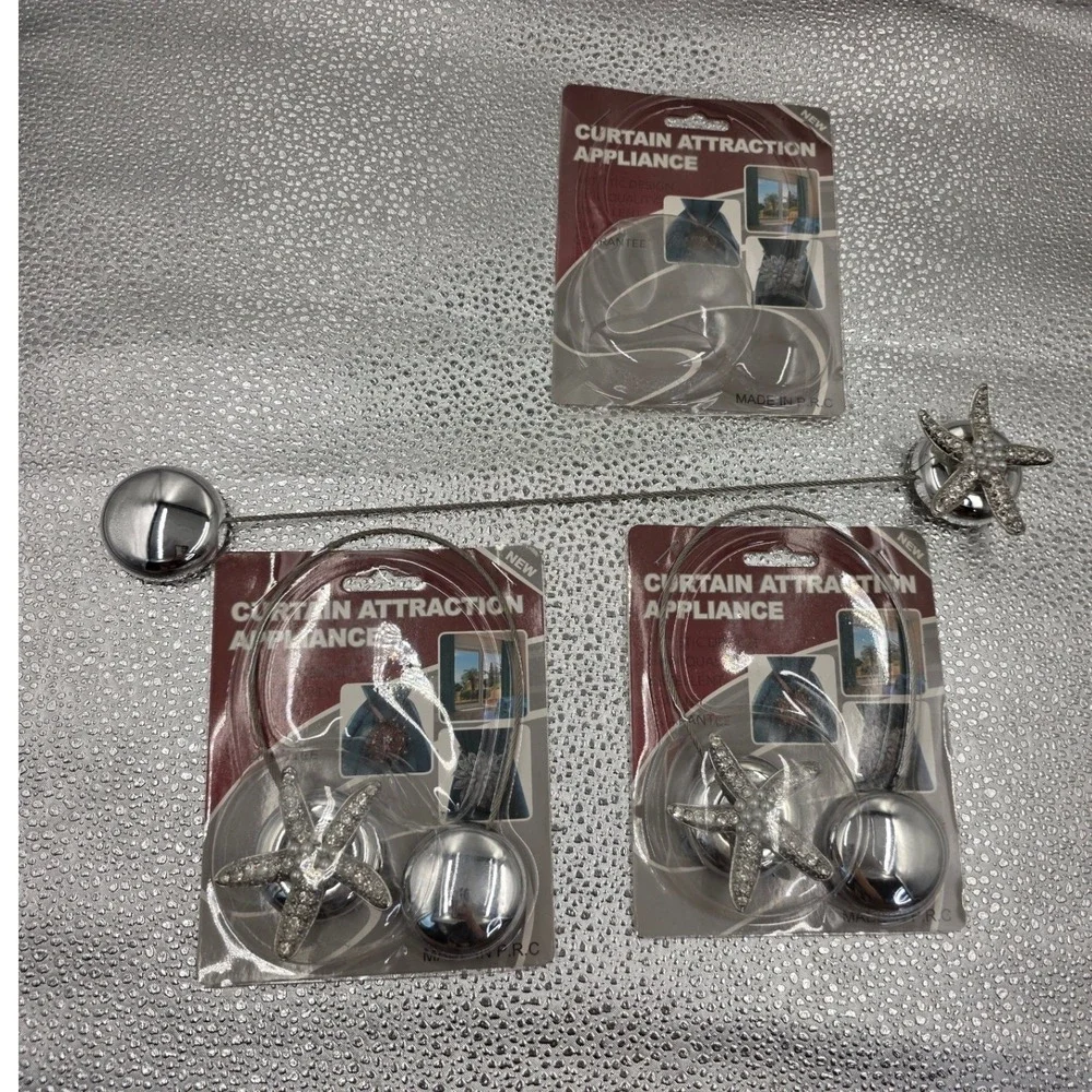 Magnetic Starfish Curtain Tiebacks Set of 3 Silver Rhinestone Pearl Beach O1